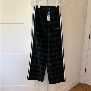 adidas Black & Dark Green Plaid Track Pants with White Stripes